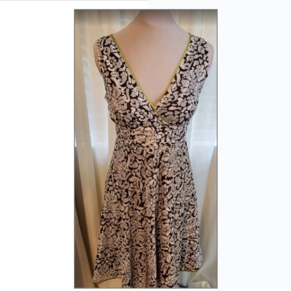 Robbie Bee Sleeveless P12 100% Cotton Dress/Lined Brown Floral/Lime Green Trim